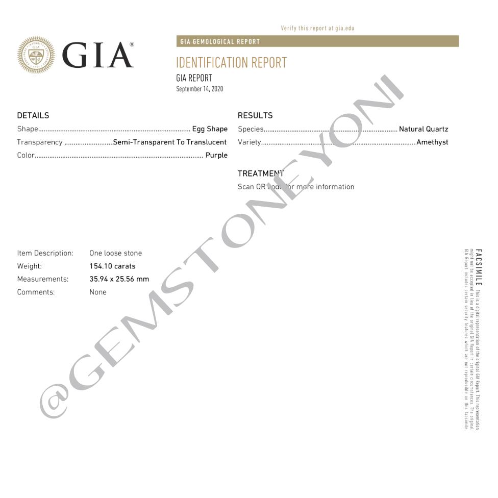 GIA Amethyst yoni egg certification 