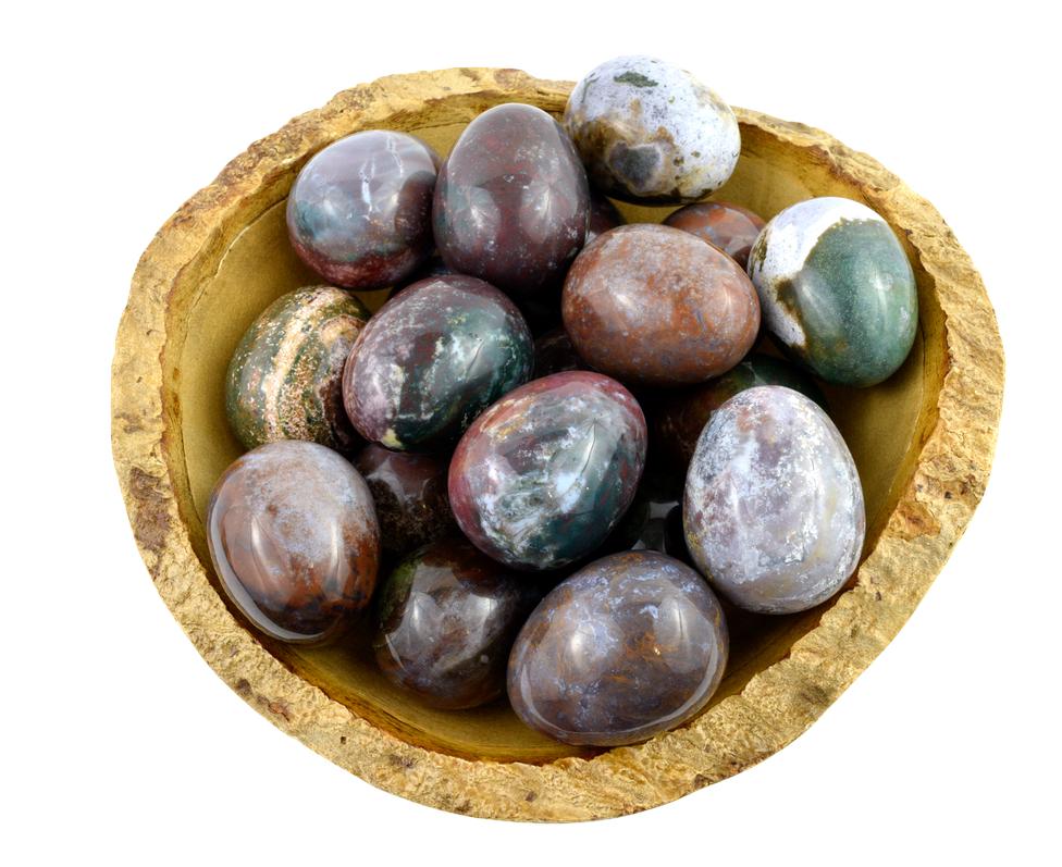 Fancy Jasper Yoni Eggs in a bowl to show color variations 